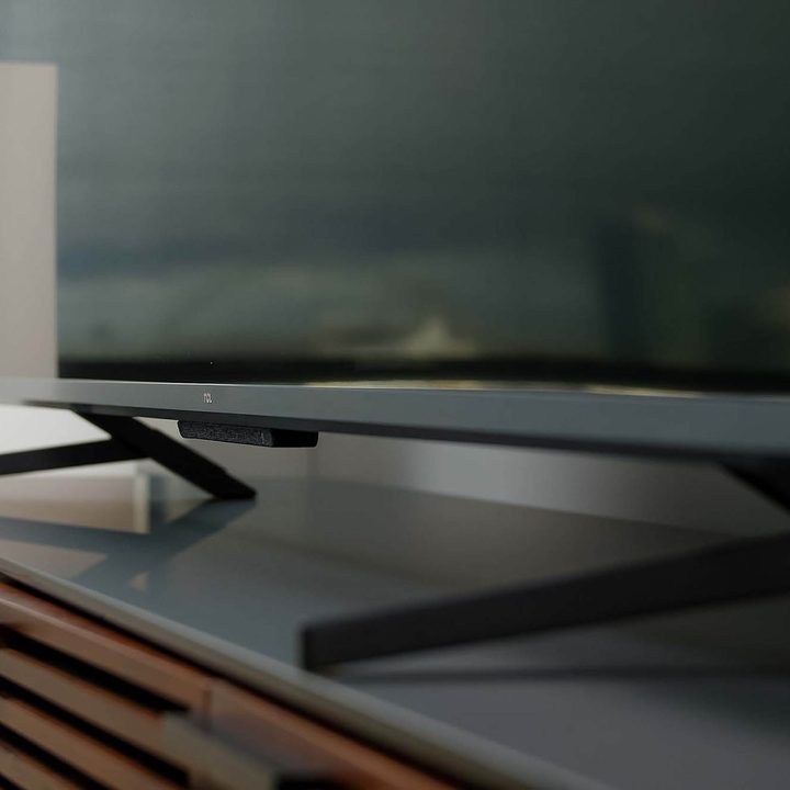 A closeup on the TCL 6-series Google TV's stand.