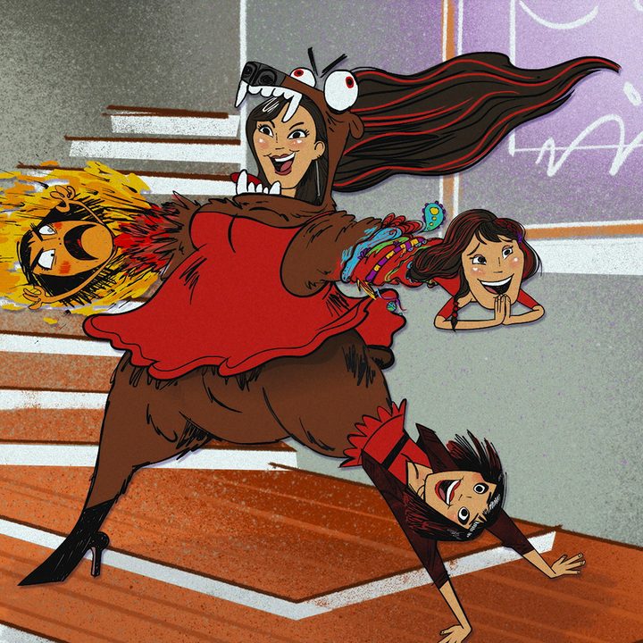 Zoe as a four-headed version of herself in animated form in The Afterparty on Apple TV+.