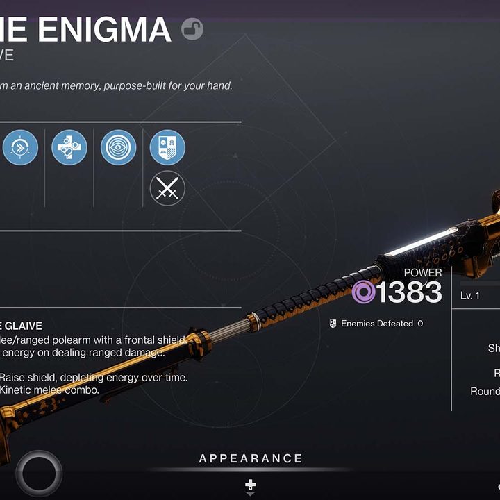 A fully crafted glaive in Destiny 2.