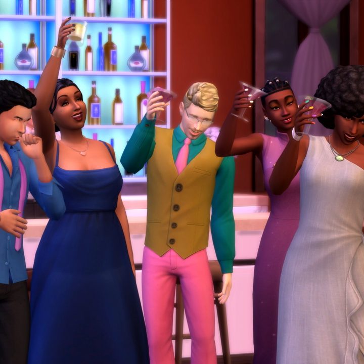 A group of Sims has fun at a bach party.