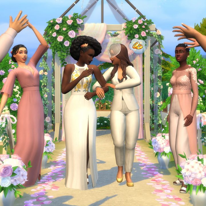 Two Sims walk down the aisle after getting married in My Wedding Stories.