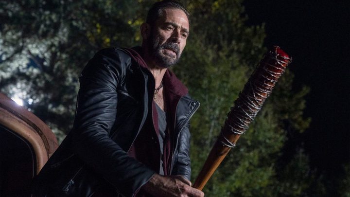 Negan seeing his bat Lucille for the first time in a scene from The Walking Dead.
