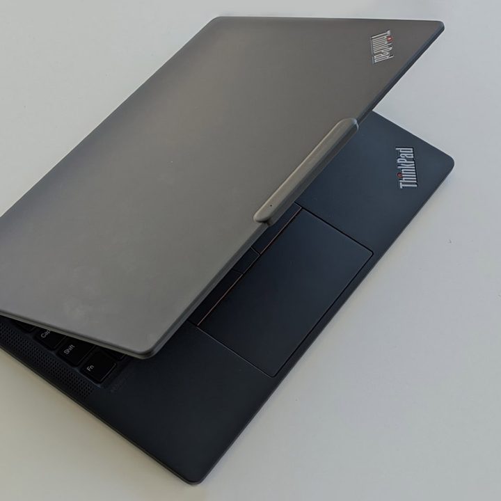 Looking down at the lid of the Thinkpad x13s.