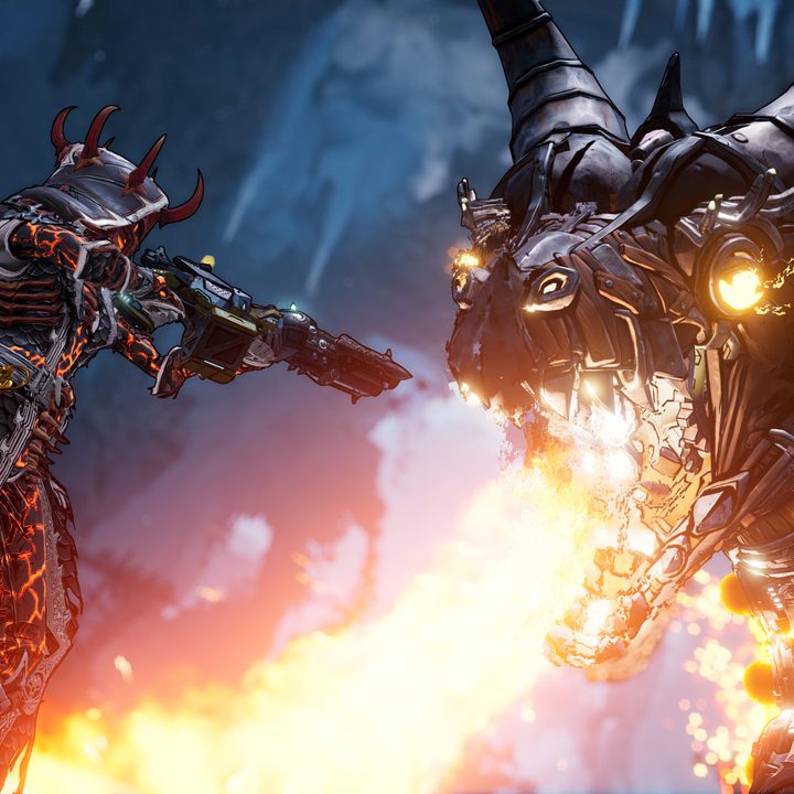 The player fights a mechanical dragon spewing hot flame.