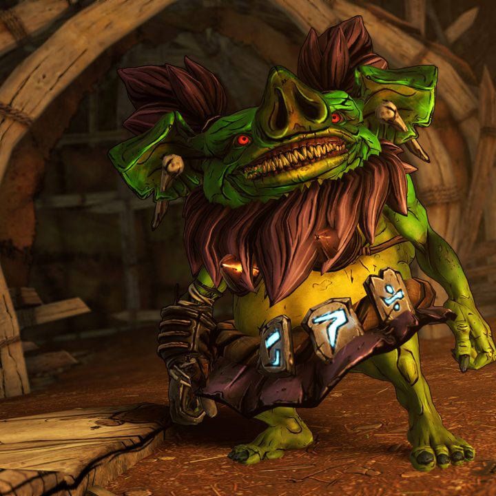Jar the goblin stands before you with too many teeth and runes tied around her waist.