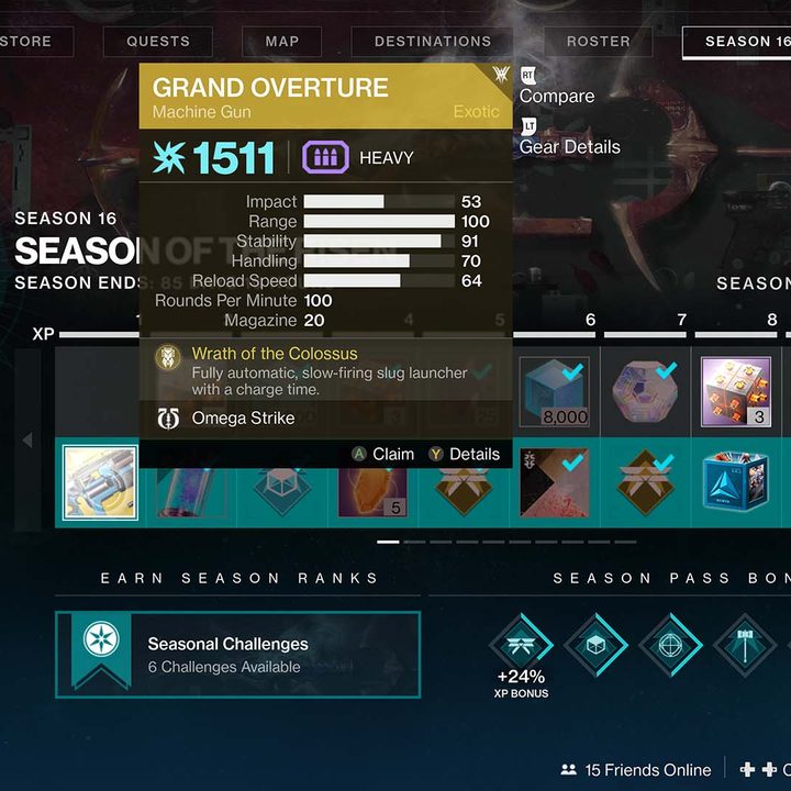 The menu where Grand Overture is acquired in Destiny 2.