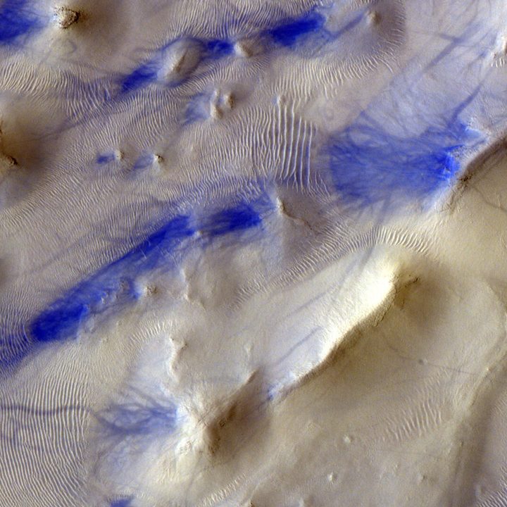 Close-up image of the false-colored contrast (blue) indicating whorls from dust devils and canyons.