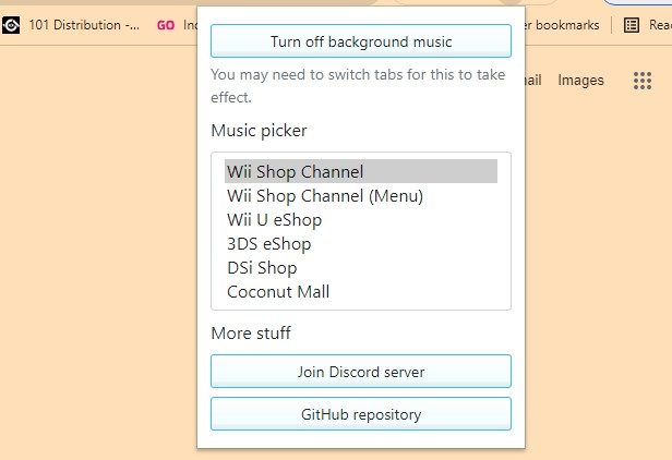 Music options in the Wii Shop Channel extension.