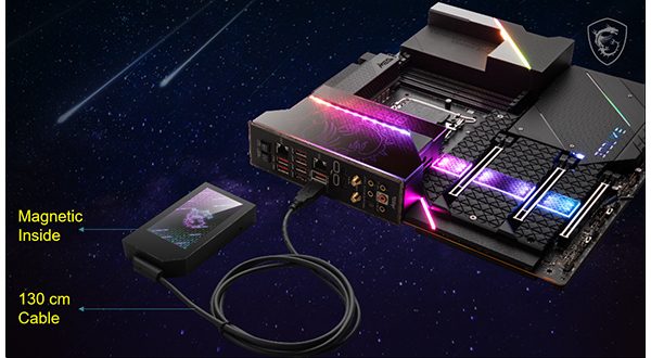 The MSI MEG Z690 Godlike motherboard and touchscreen.