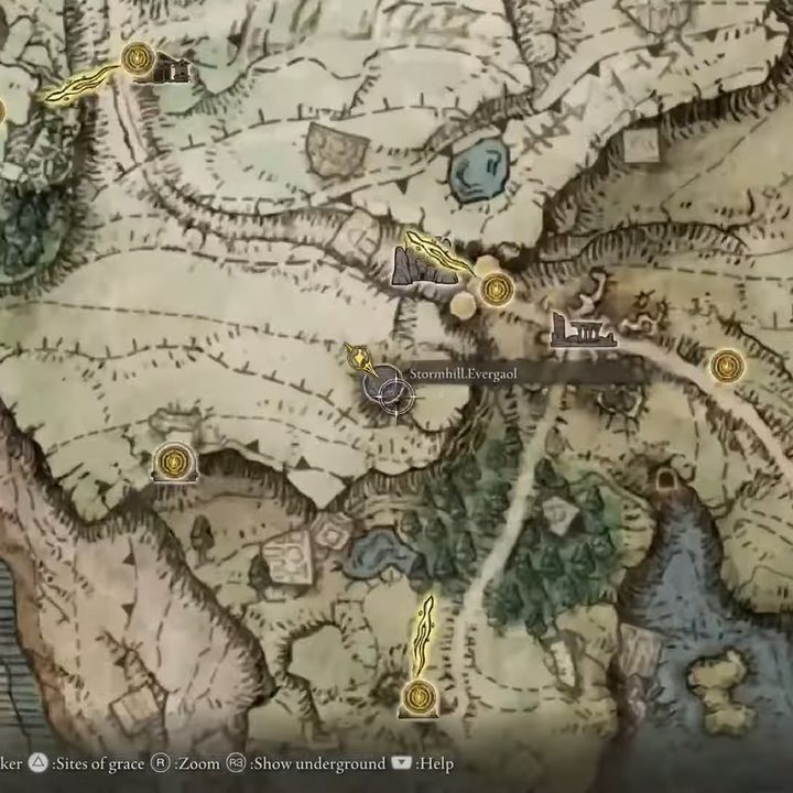 A map showing the Stormhill Evergaol in Elden Ring.