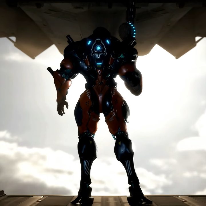 A mech suit standing at the back of a plane.