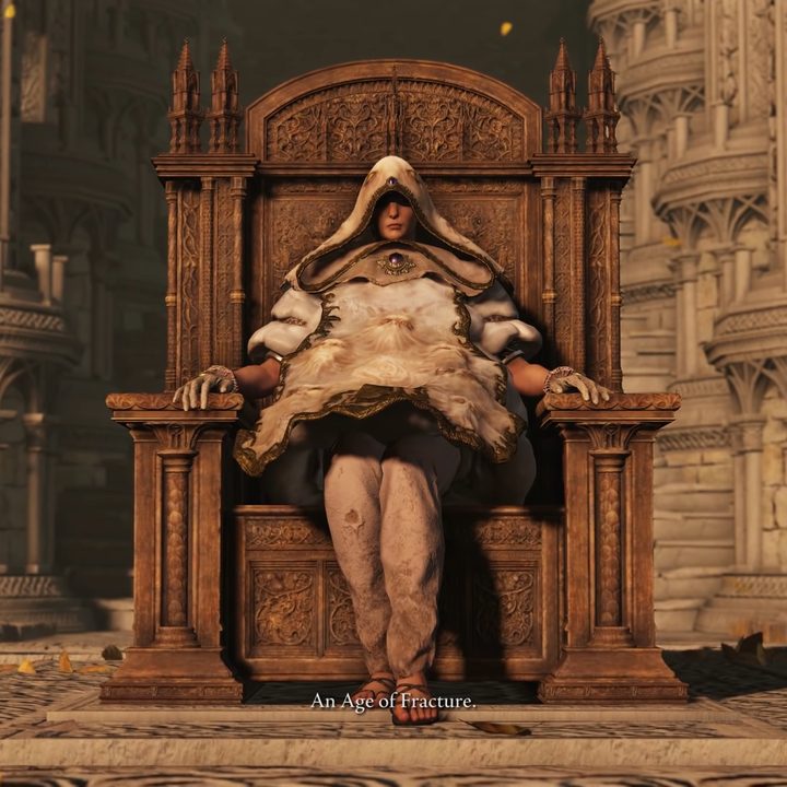 A person sitting on a throne in a big coat.