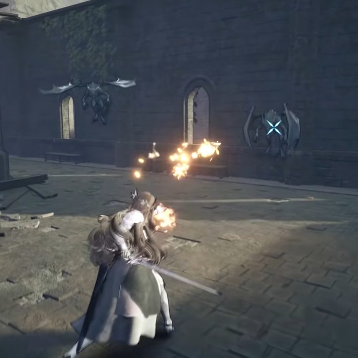 Valkyrie shooting fireballs at a flying enemy in Valkyrie Elysium.