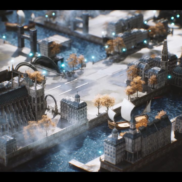A shining town over rivers.