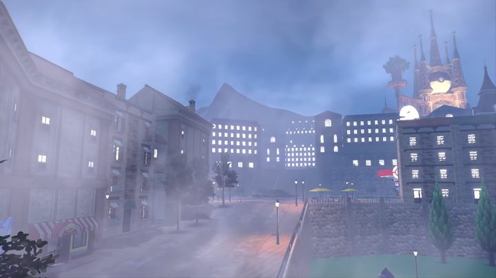 A misty city street at night in from Pokemon Scarlet and Violet..