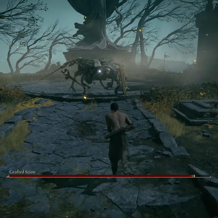 A player character fights the Grafted Scion boss in Elden Ring.