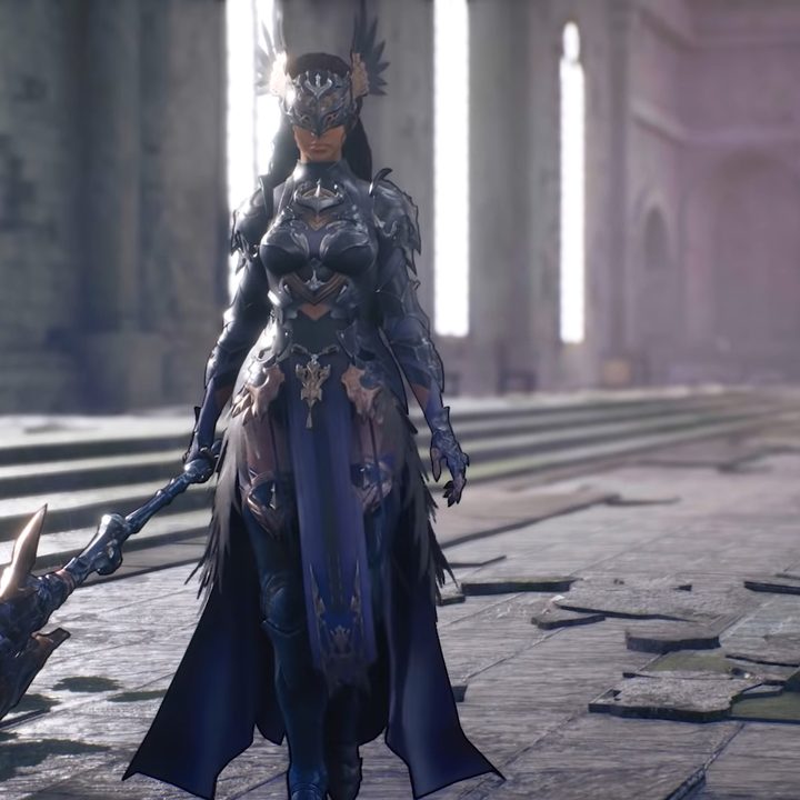 A mysterious armored woman in a castle in Valkyrie Elysium.
