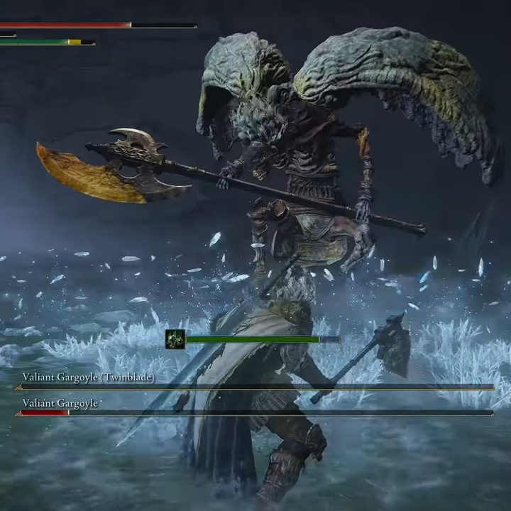 A knight fighting a giant gargoyle.