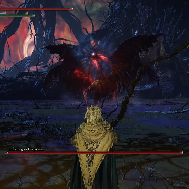 A knight facing off against a red and black dragon.