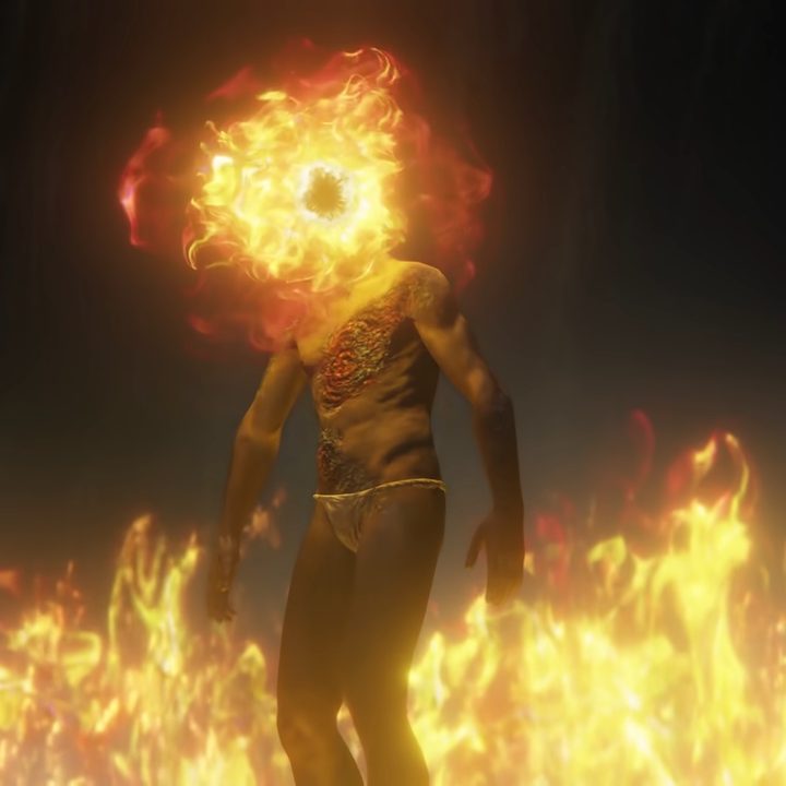 A person with a fireball for a head.