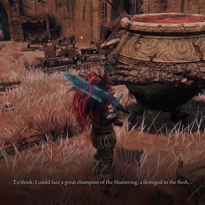 A knight talking to Alexander in Elden Ring.
