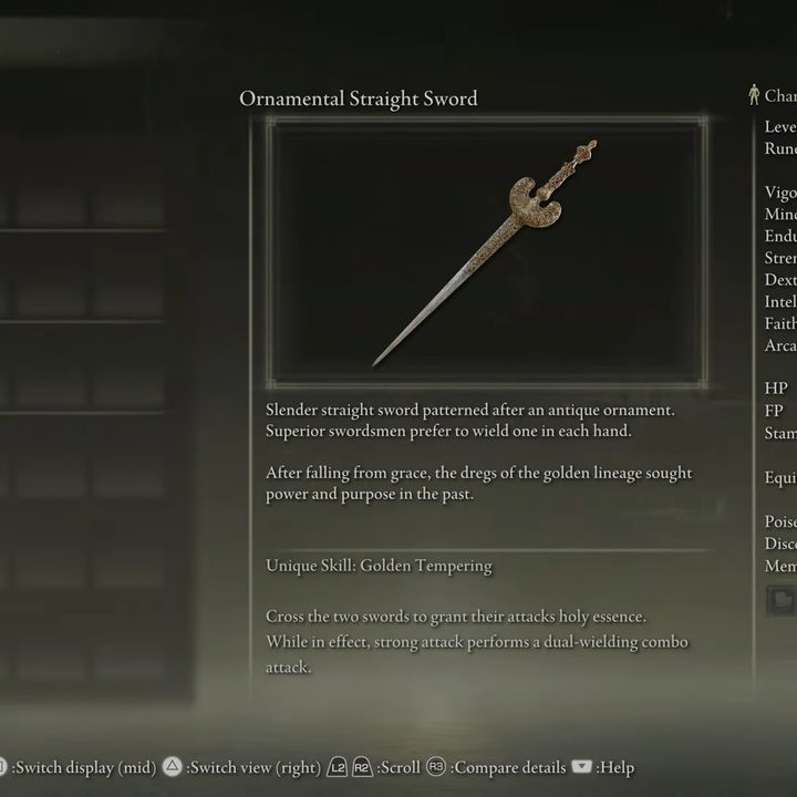 The description of the Ornamental Straight Sword in Elden Ring.