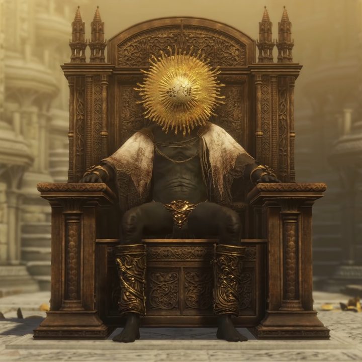 A guy with a sun mask on a throne.