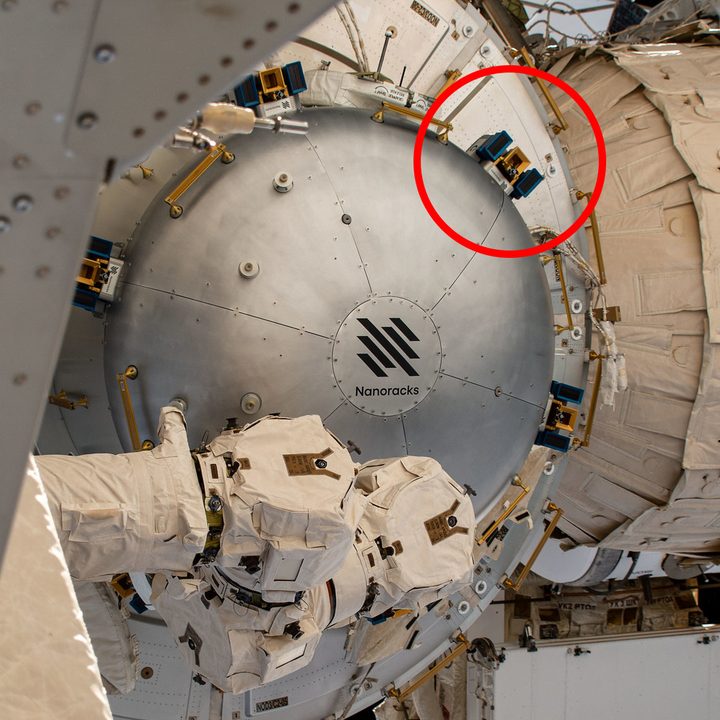 The blue and gold brackets of the site on the ISS that the SEQUE experiment will be attached to, circled in red.