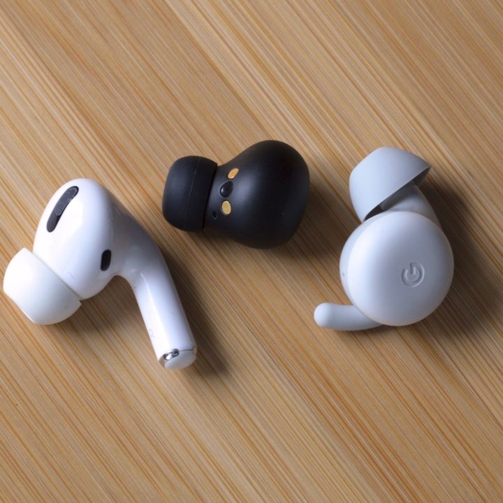 The 1More ComfoBuds Mini, Google Pixel Buds A-Series, and Apple AirPods Pro seen side-by-side.