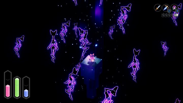 A fox in a dark purple void.