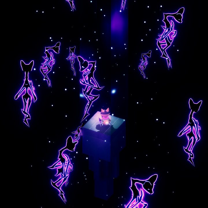 Going down an elevator surrounded by purple fox figures in Tunic.