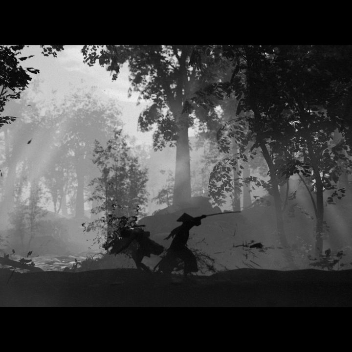 Blood sprays as an enemy is dispatched with a sword in the black-and-white game Trek to Yomi.