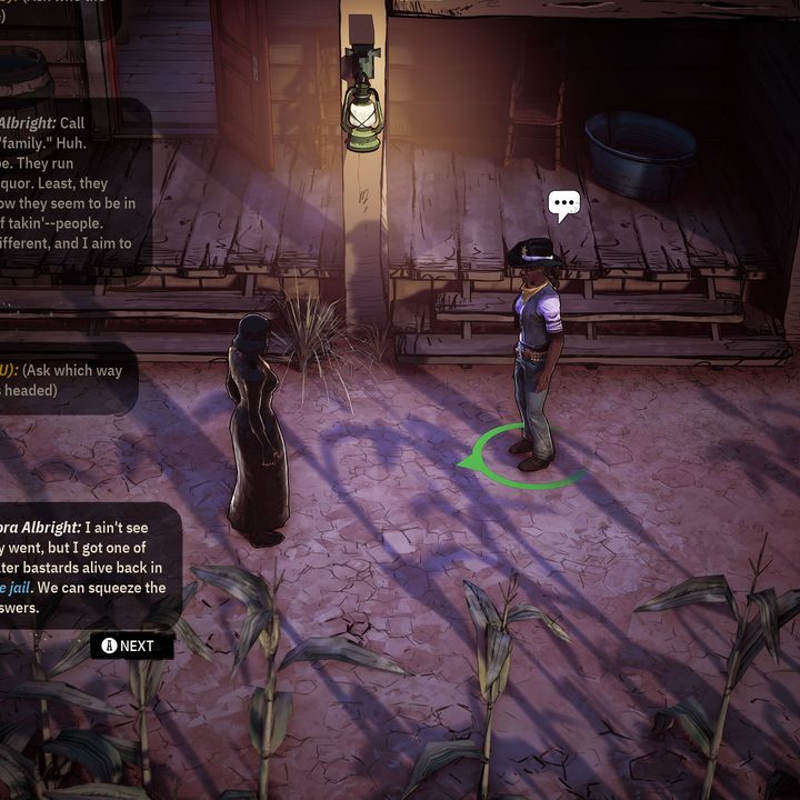 Two characters talking to each other in Weird West.