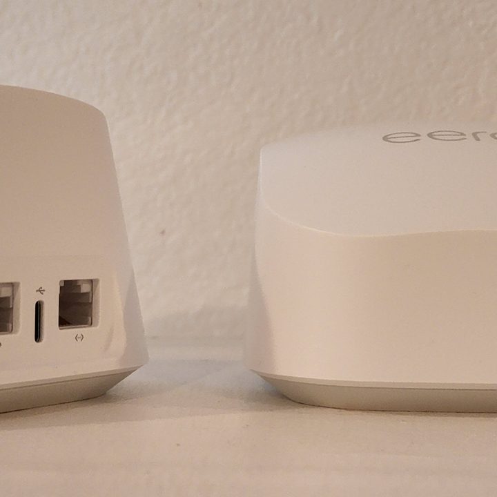 The Eero Pro 6E next to Eero Pro 6+.