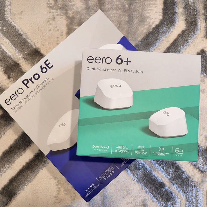Eero Pro 6E and Eero 6+ packaging.
