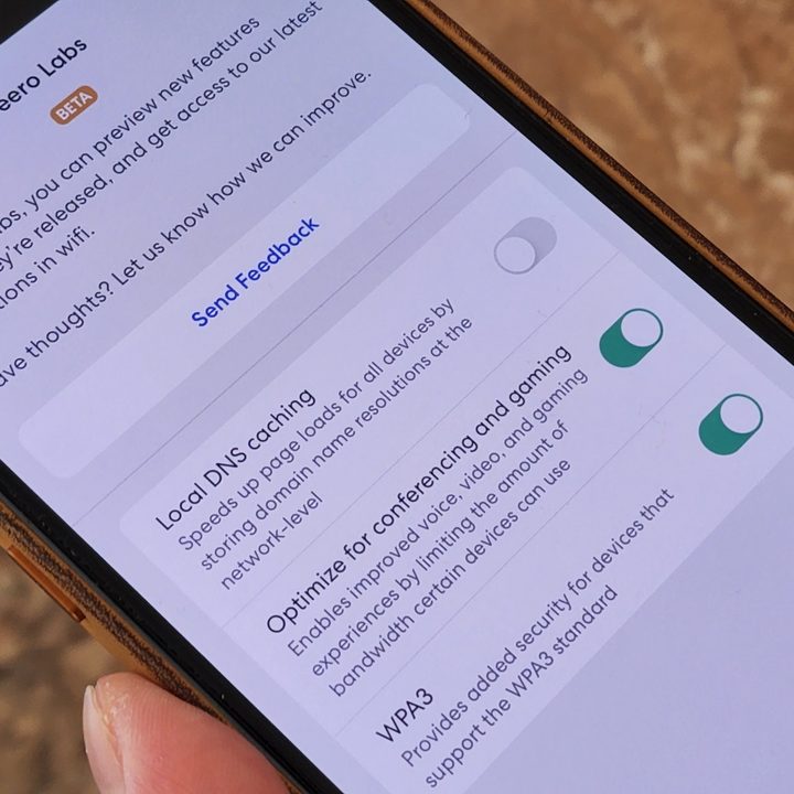 A smartphone screen shows how to optimize an Eero router.