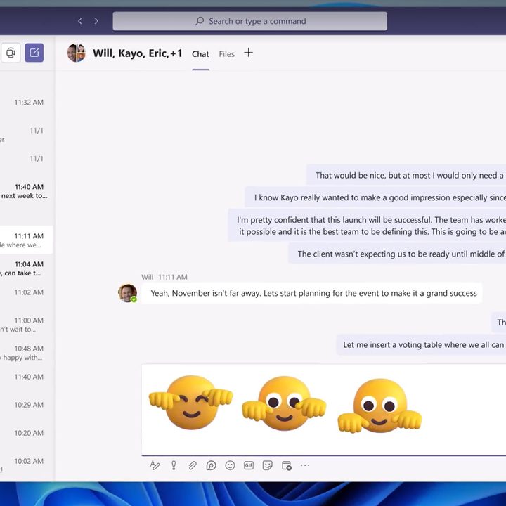 3D emoji in Microsoft Teams chats.