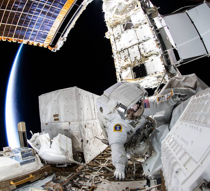 NASA spacewalker Kayla Barron during a six-hour and 32 minute spacewalk on Dec. 2, 2021.