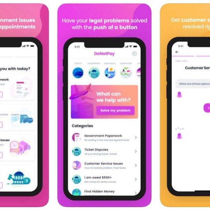 A graphic of three cell phones detailing the uses of the DoNotPay app.