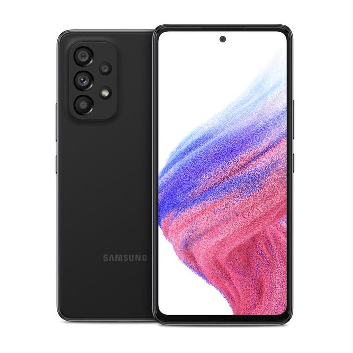 Front and back views of the Samsung Galaxy A53 in an Awesome Black against a white background.