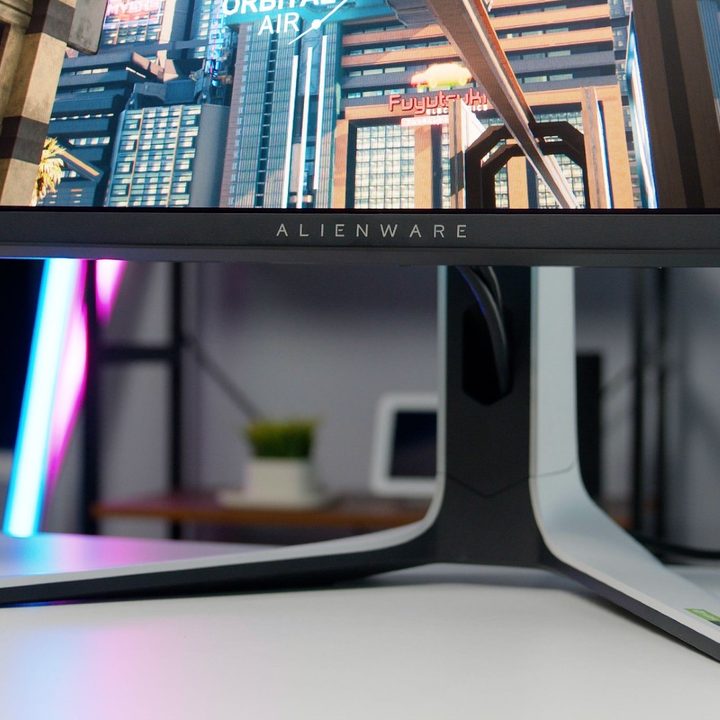 The bottom bezel and stand of the Alienware 34.