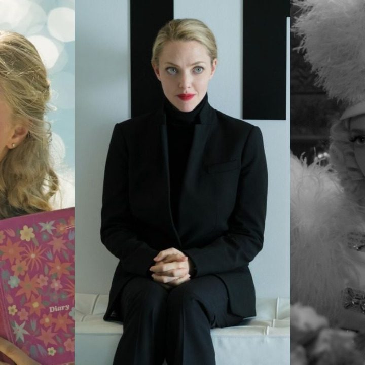 Split image of Amanda Seyfried in Mamma Mia, The Dropout, and Mank
