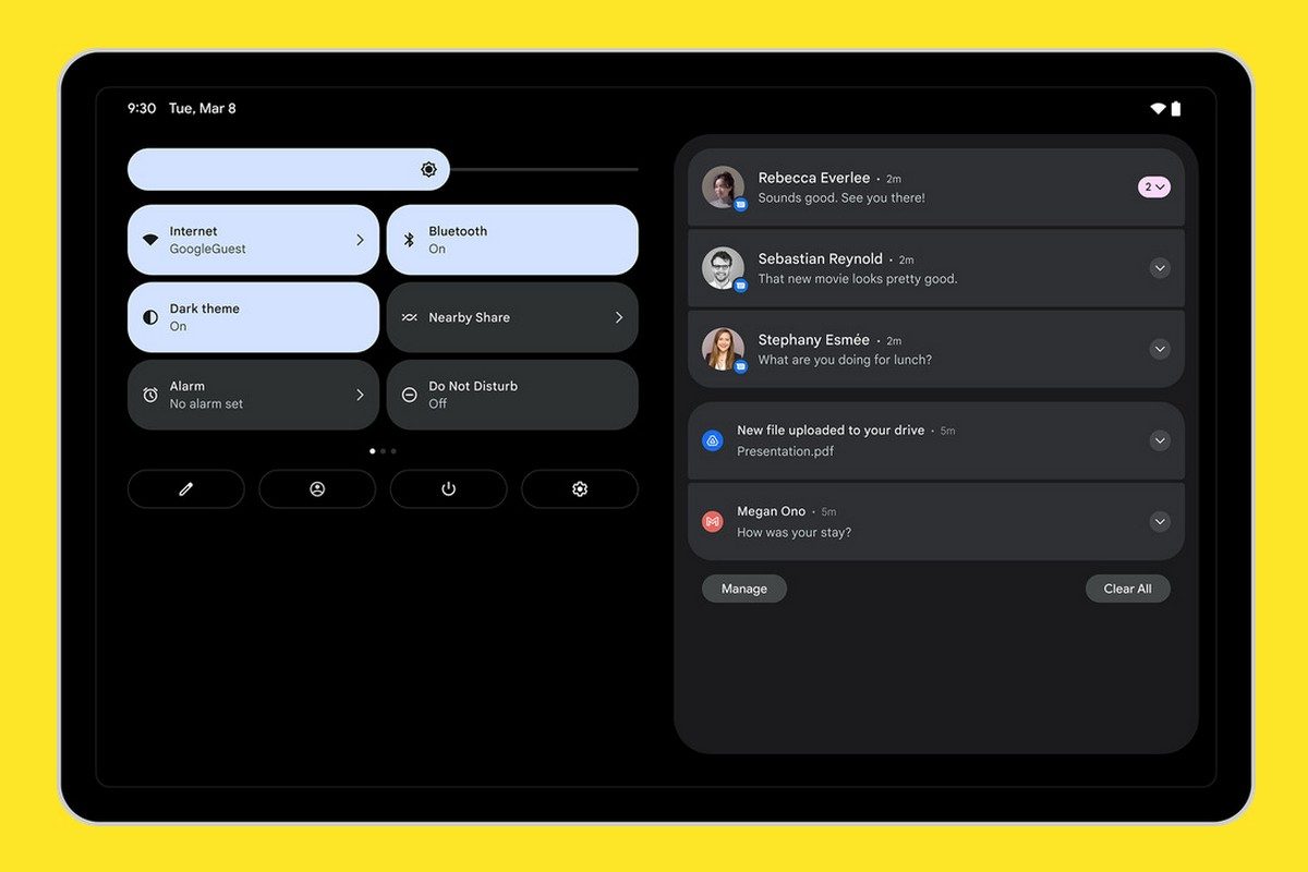 Android 12L has a two-column approach for notifications and tiles panels.