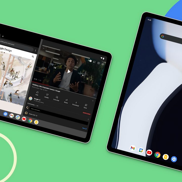 Android 12L changes are displayed on tablets against a green and blue background..