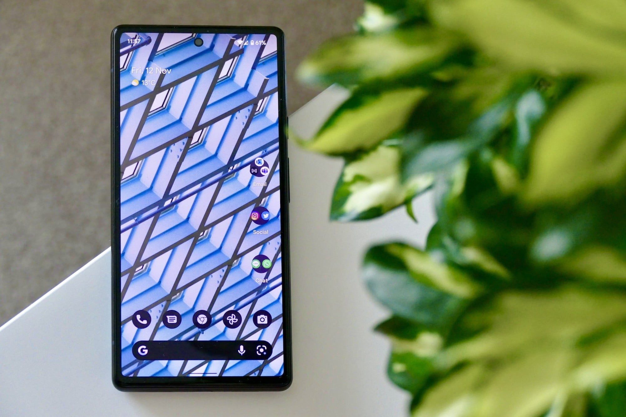 Apps neatly arranged on the home screen of a Google Pixel 6 with a plant in the foreground. on the right.