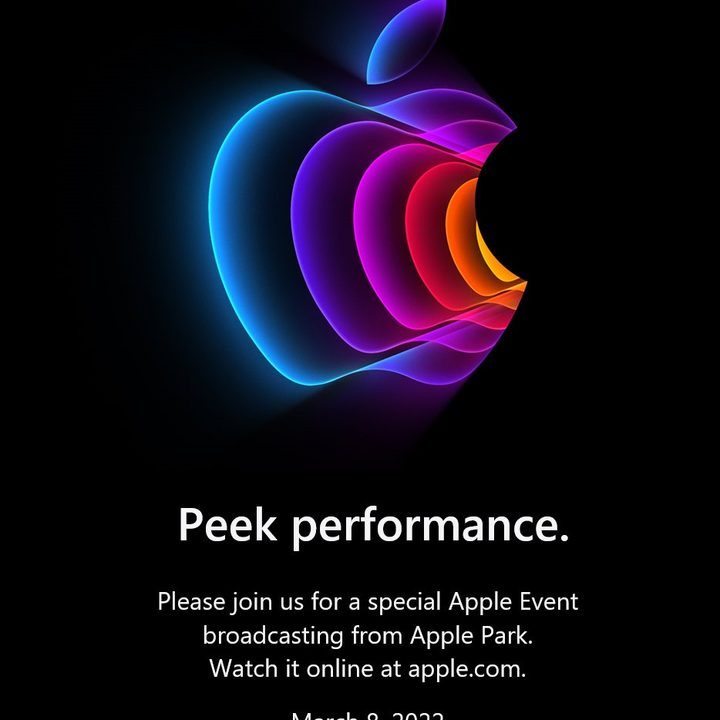 The invitation for Apple's Peek Performance event on March 8, 2022.