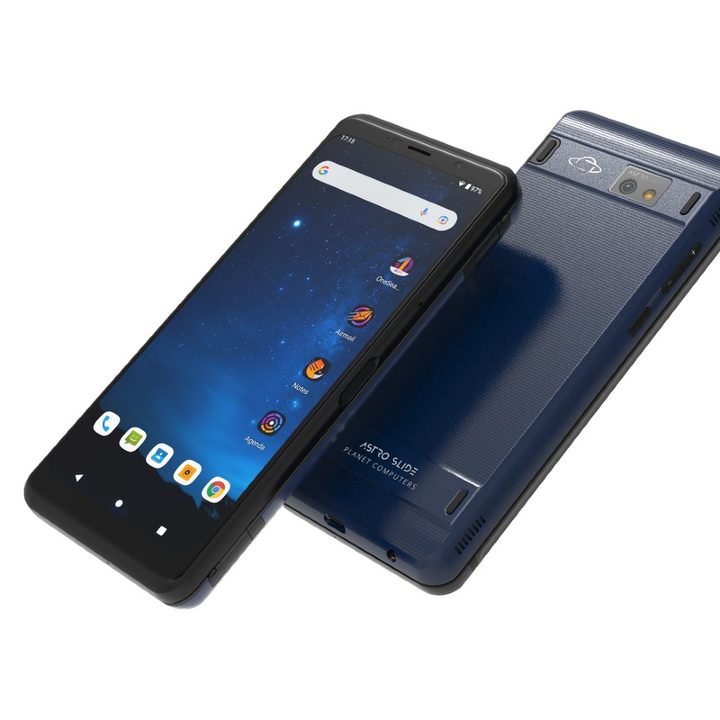 Front and back views of the Astro Slide 5G hybrid phone.