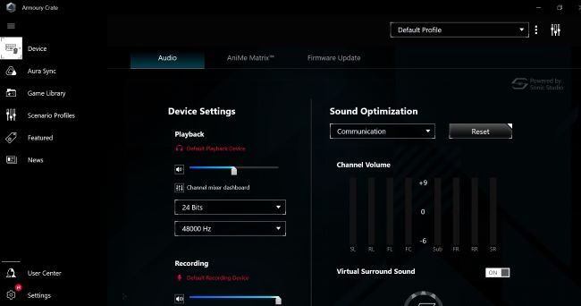 ROG Armoury Crate audio software.
