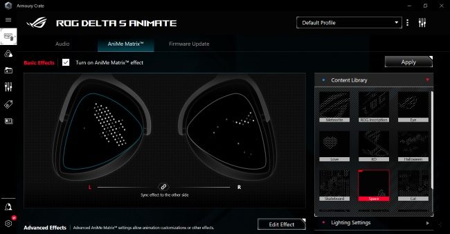 ROG Armoury Crate software showing the AniMe Matrix customization.