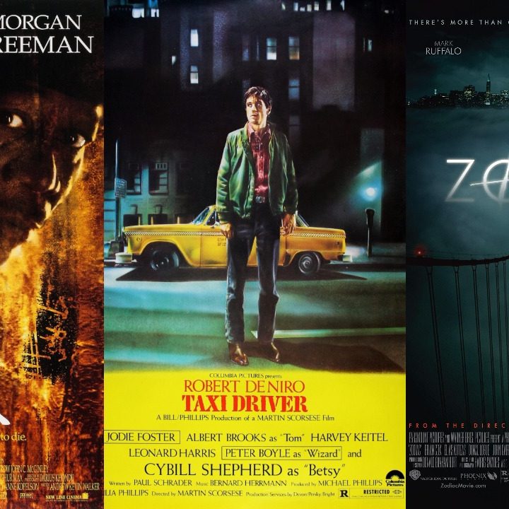 Split image of Seven, Taxi Driver, & Zodiac movie posters.